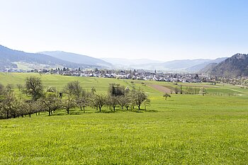 Aussicht vom Kneipp-Panoramaweg durch das Harmersbacher Tal zu den Hügeln nördlich der Kinzig