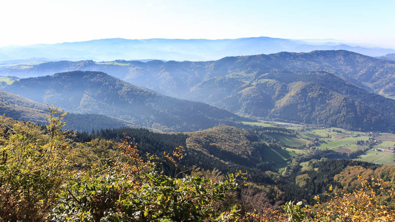Fernsicht von der Thomashütte auf dem Zweitälersteig über die Berge im mittleren Schwarzwald