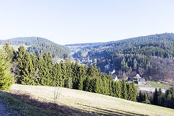 Blick von einem Skihang über Wälder bei Tennenbronn