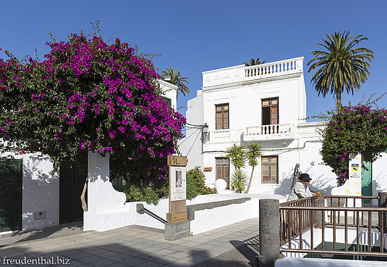 Weißes Haus und reich blühende Bougainvillea in Haría auf Lanzarote