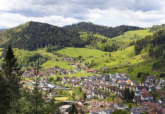 Aussicht über das von bewaldeten Hügeln umrahmt Oberwolfach