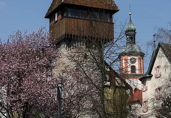 Storchenturm in Tiengen vor einem blauen Himmel